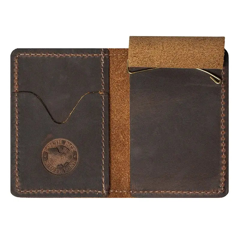 Duluth Pack Money Clip Wallet in brown open with white background