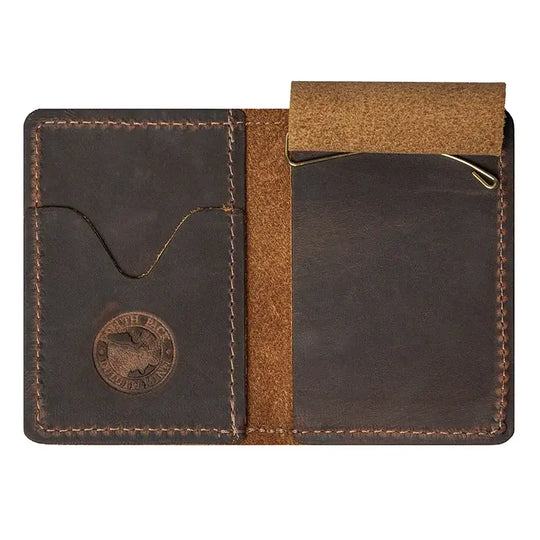 Duluth Pack Money Clip Wallet in brown open with white background