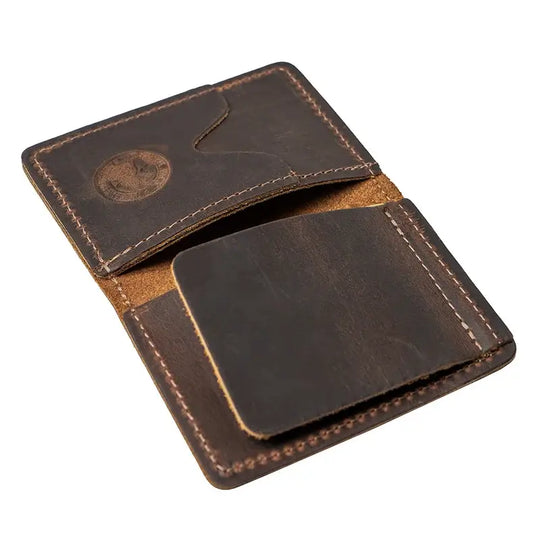 Duluth Pack Money Clip Wallet in brown open with white background