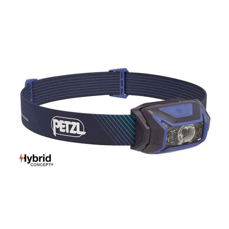 Petzel Actik Headlamp 600 Lumens Blue On A White Background with Petzl Logo and Hybrid Concept Icon