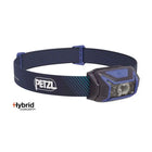 Petzel Actik Headlamp 600 Lumens Blue On A White Background with Petzl Logo and Hybrid Concept Icon
