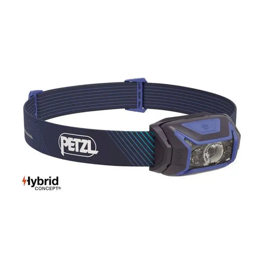 Petzel Actik Headlamp 600 Lumens Blue On A White Background with Petzl Logo and Hybrid Concept Icon
