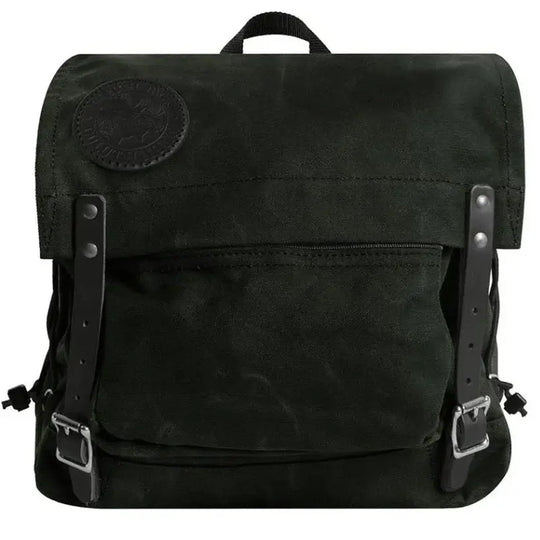 Duluth Pack Portage Pack in waxed olive drab with a white background