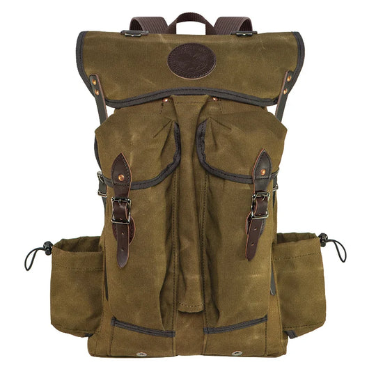 Outlander Pack in waxed canvas and leather with low profile design, perfect for rugged outdoor use and tight trails by Duluth Pack.