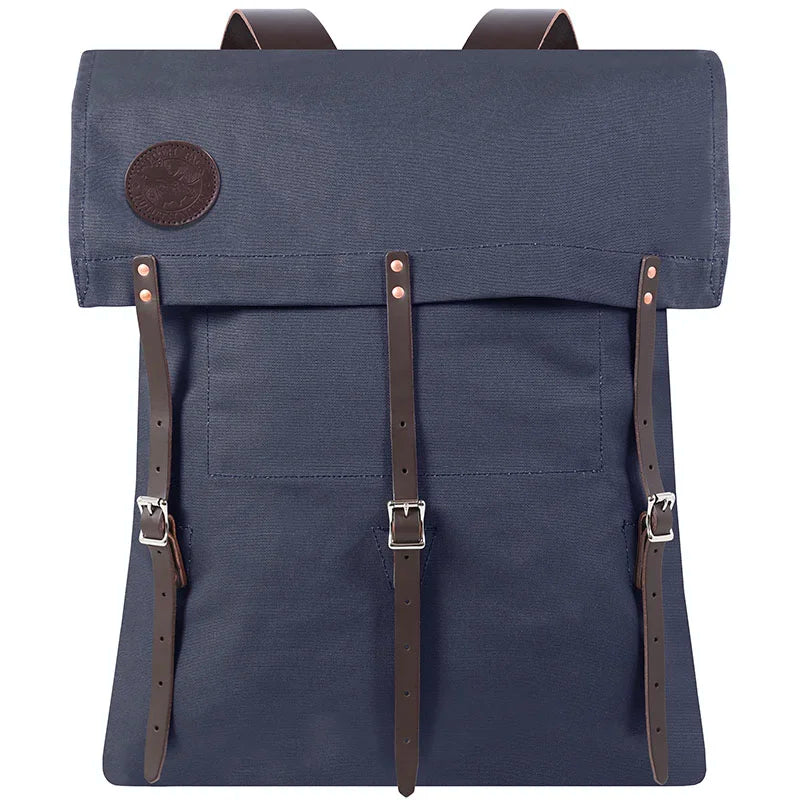 #2 Original Canoe Pack - 59 L in navy tough 15-ounce canvas with reinforced leather straps by Duluth Pack, designed for durable outdoor use and rugged adventures.