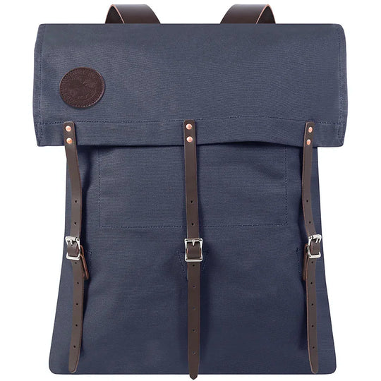#2 Original Canoe Pack - 59 L in navy tough 15-ounce canvas with reinforced leather straps by Duluth Pack, designed for durable outdoor use and rugged adventures.