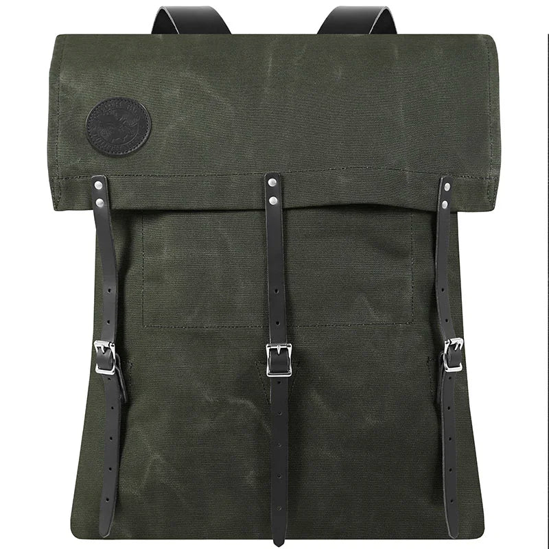 #2 Original Canoe Pack - 59 L in rugged waxed canvas with reinforced leather straps, designed by Duluth Pack for durable outdoor use and hiking adventures.