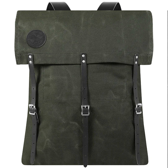 #2 Original Canoe Pack - 59 L in rugged waxed canvas with reinforced leather straps, designed by Duluth Pack for durable outdoor use and hiking adventures.