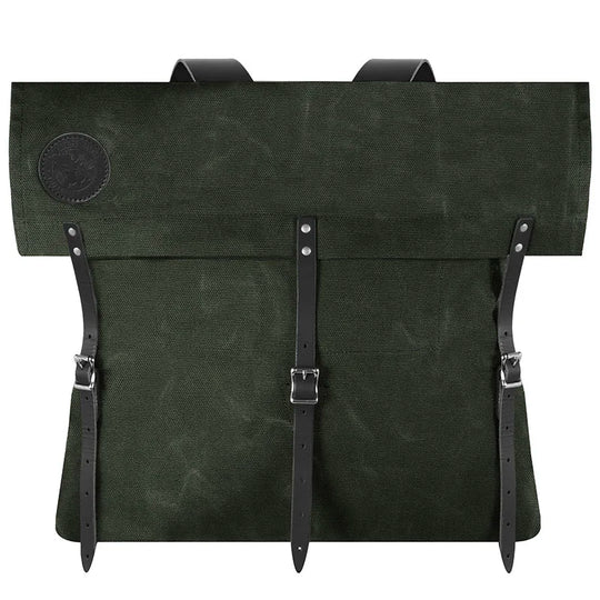 #3 Original Pack - 72 L in dark green waxed canvas with rugged leather straps, showcasing handcrafted durability and heritage outdoor design by Duluth Pack.