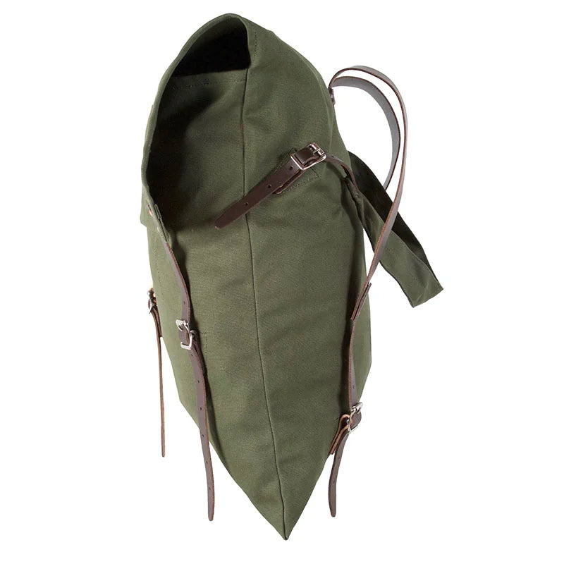 #3 Original Pack - 72 L in rugged olive 15-ounce canvas with reinforced leather shoulder straps, crafted by Duluth Pack for durable outdoor use.