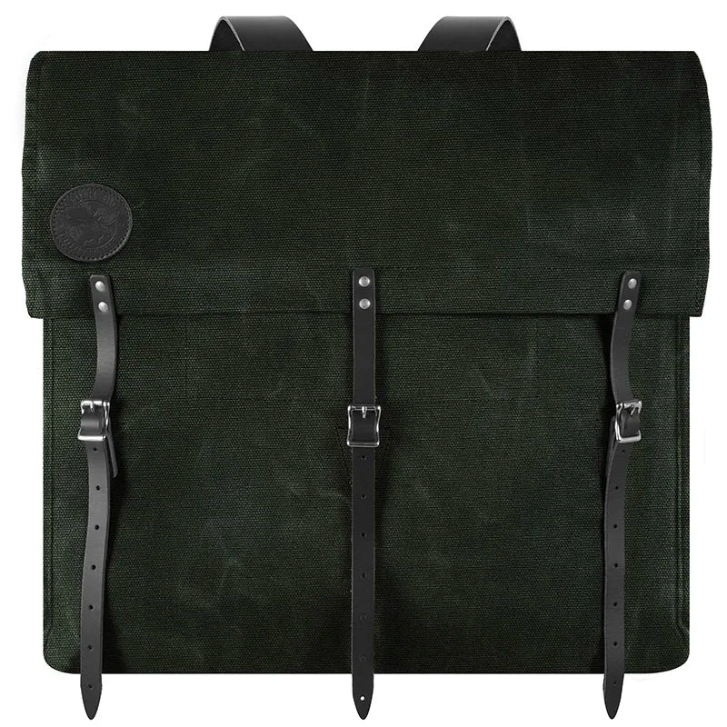 #4 Original Pack - 95 L in dark green waxed canvas with black leather straps, a rugged outdoor backpack designed for heritage craftsmanship and durable outdoor use.