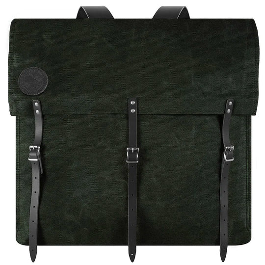 #4 Original Pack - 95 L in dark green waxed canvas with black leather straps, a rugged outdoor backpack designed for heritage craftsmanship and durable outdoor use.