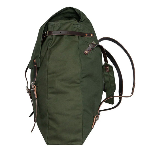 #4 Original Pack - 95 L made of tough green canvas with reinforced leather straps, designed for rugged outdoor use by Duluth Pack.