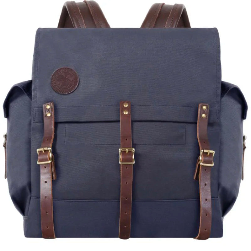 #3 Monarch Pack - 54 L in navy canvas with leather straps, a handmade traditional canoe pack designed for rugged outdoor use and lasting performance.