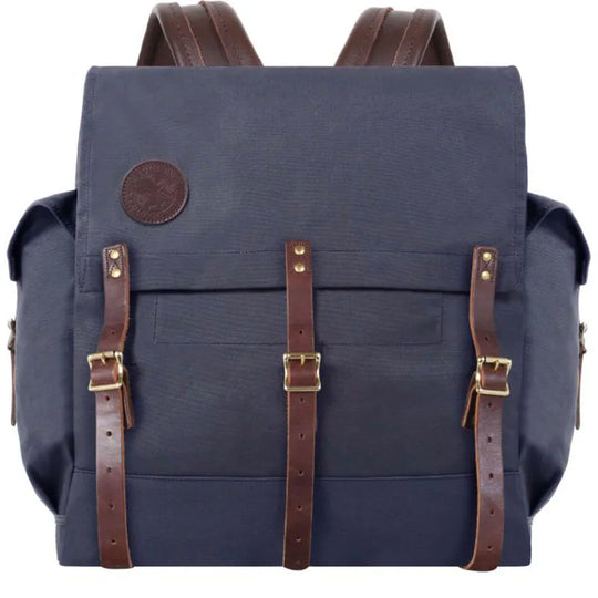 #3 Monarch Pack - 54 L in navy canvas with leather straps, a handmade traditional canoe pack designed for rugged outdoor use and lasting performance.