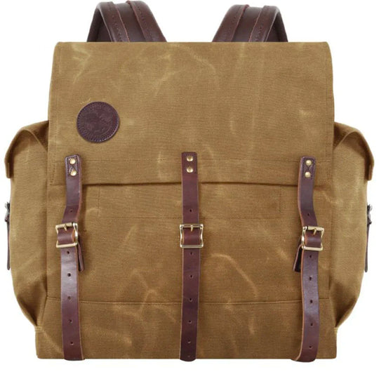 #3 Monarch Pack - 54 L in durable waxed canvas with leather straps, designed for rugged outdoor use and traditional canoe pack adventures.