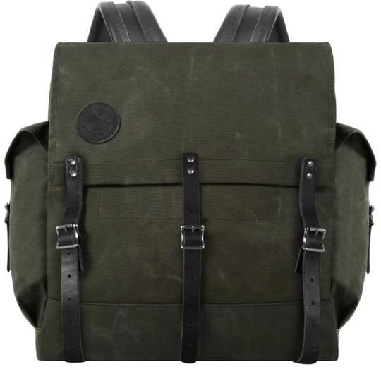 #3 Monarch Pack - 54 L in olive waxed canvas with leather straps, a durable traditional canoe pack designed for rugged outdoor use and long-lasting performance.