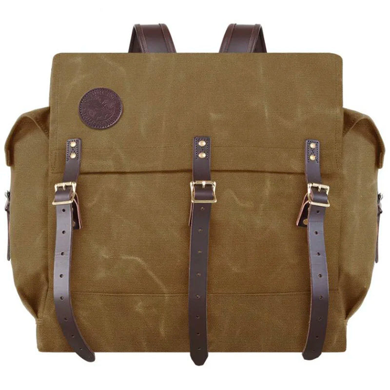 #4 Monarch Pack in burly 15-ounce canvas with leather straps, designed for rugged outdoor use and durable, traditional craftsmanship by Duluth Pack.