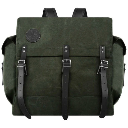 #4 Monarch Pack in olive green burly canvas with black leather straps, designed for rugged outdoor use by Duluth Pack.