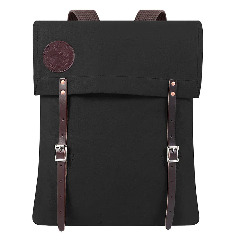#51 Utility Pack in black tough canvas with premium leather straps, showcasing classic handmade craftsmanship for durable outdoor use by Duluth Pack.