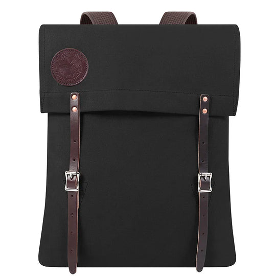 #51 Utility Pack in black tough canvas with premium leather straps, showcasing classic handmade craftsmanship for durable outdoor use by Duluth Pack.