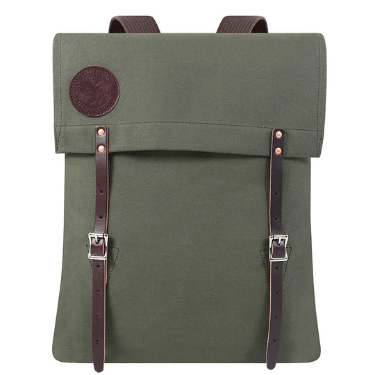 #51 Utility Pack in olive green canvas with leather straps, durable craftsmanship ideal for rugged outdoor use by Duluth Pack heritage brand.