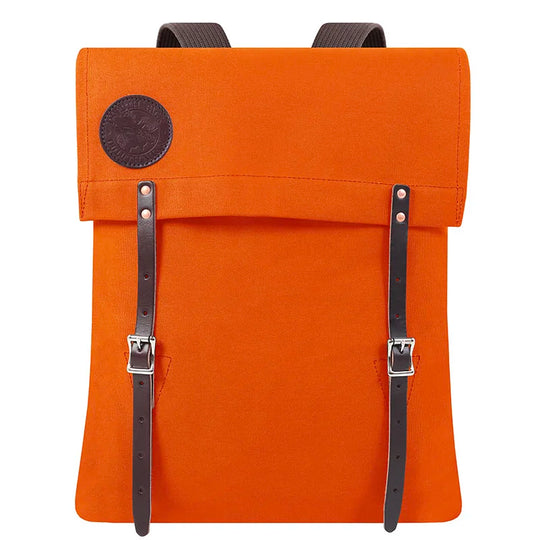 #51 Utility Pack in bright orange tough canvas with premium leather straps designed for durable outdoor use by Duluth Pack