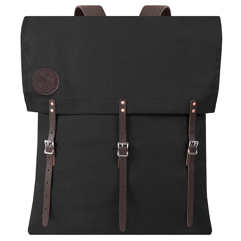 #60 Utility Pack - 42 L in Black featuring tough canvas and leather straps, ideal for outdoor adventures and rugged use by Duluth Pack.