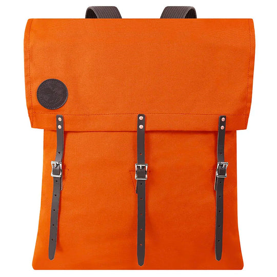 #60 Utility Pack - 42 L in orange canvas with reinforced leather straps, designed by Duluth Pack for durable outdoor use and rugged exploration gear.