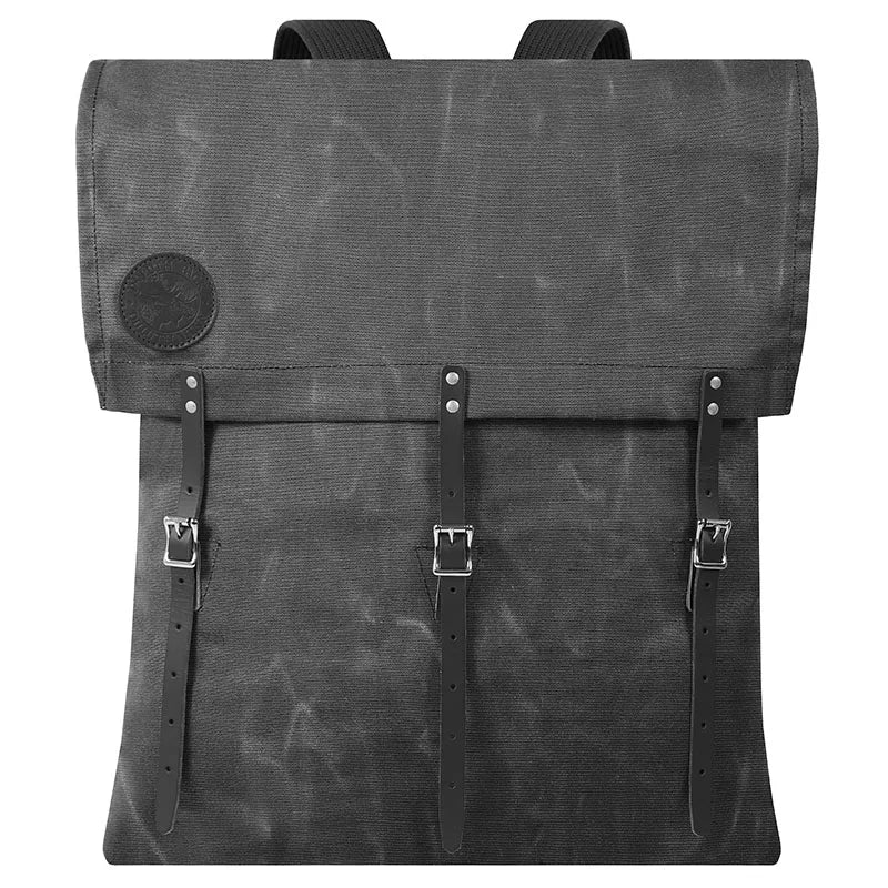 #60 Utility Pack - 42 L in waxed grey canvas with leather straps, durable handmade outdoor backpack designed for rugged use and long-lasting performance by Duluth Pack.