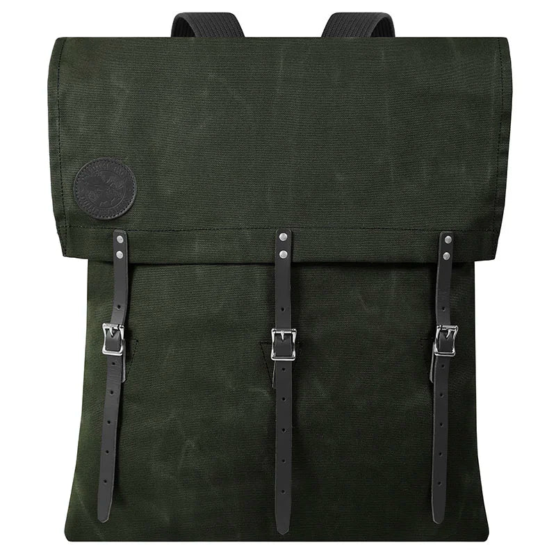 #60 Utility Pack - 42 L in olive drab canvas with black leather straps, showcasing durable craftsmanship and rugged outdoor design by Duluth Pack.