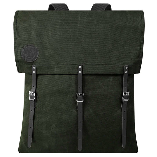 #60 Utility Pack - 42 L in olive drab canvas with black leather straps, showcasing durable craftsmanship and rugged outdoor design by Duluth Pack.