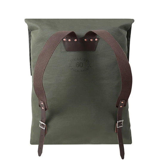 #60 Utility Pack - 42 L in waxed olive drab canvas with reinforced cotton shoulder straps and leather accents, designed for durable outdoor use by Duluth Pack.