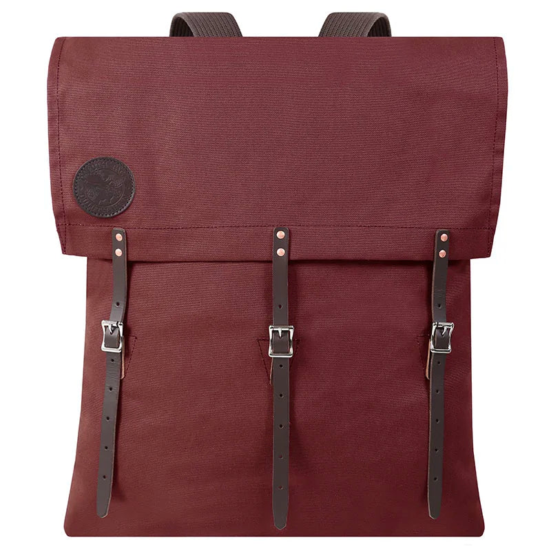 #3-70 Utility Pack - 60 L in durable burgundy 15-ounce canvas with premium leather straps, designed for rugged outdoor use and long-lasting performance by Duluth Pack.