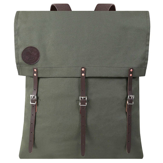 #3-70 Utility Pack - 60 L in olive canvas with leather straps, designed for rugged outdoor use and durable everyday carry by Duluth Pack.