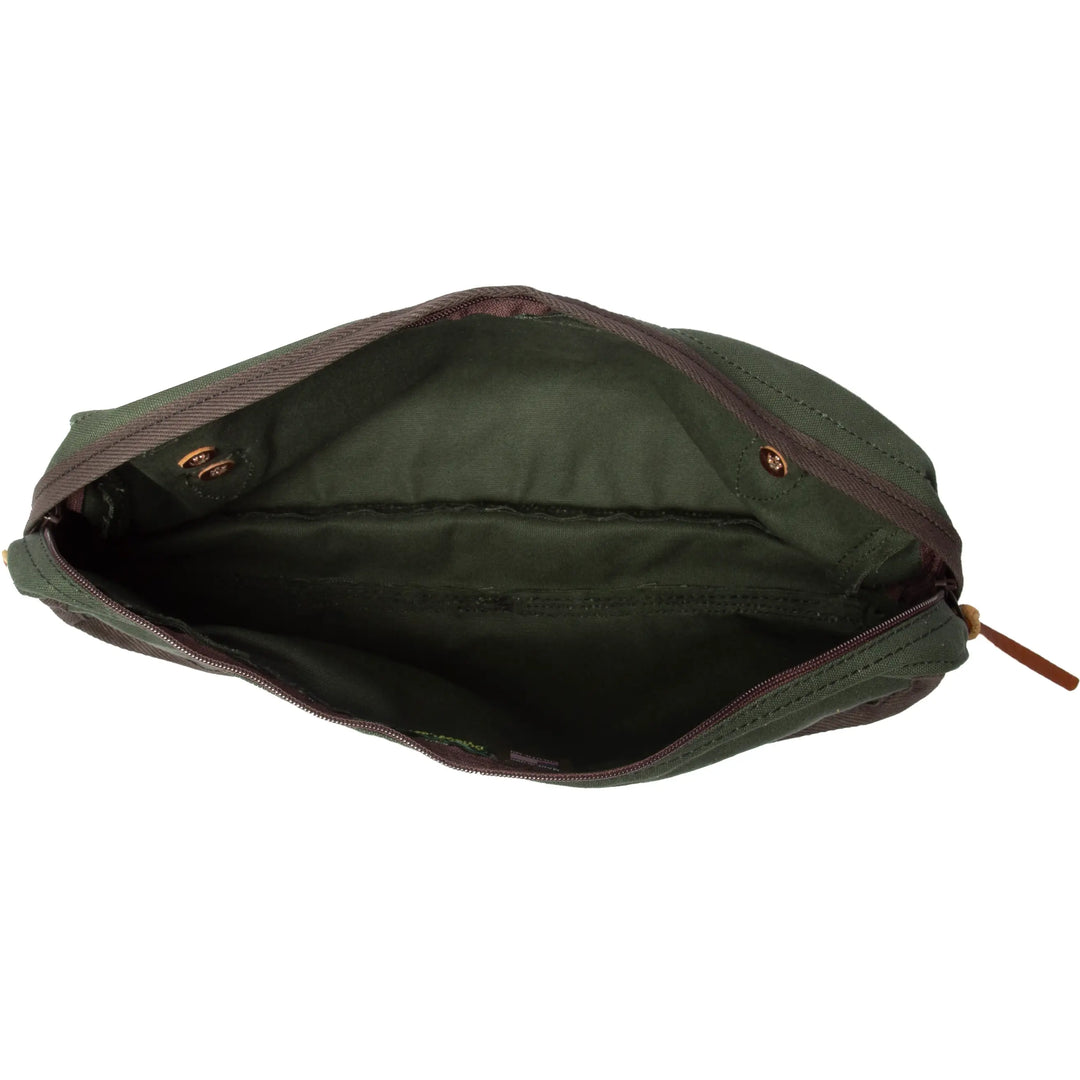 Canoe Thwart Bag Model II in olive drab inside view with white background