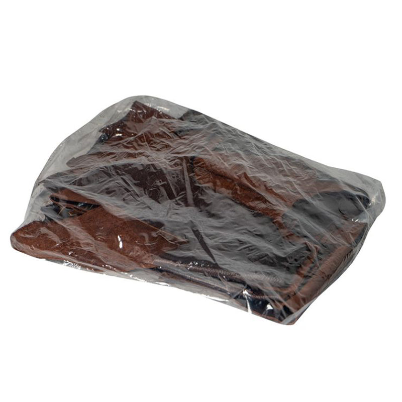 Scrap pebbled brown leather in 5 lbs bags with a white background.
