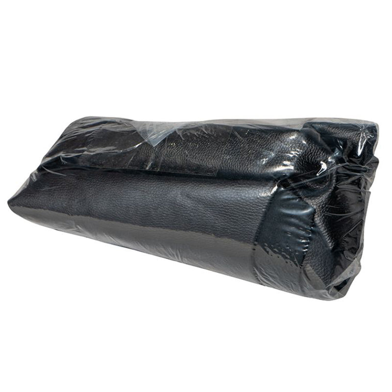 Scrap pebbled black leather in 5 lbs bags with a white background.