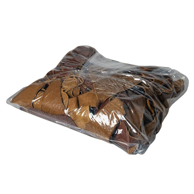 Scrap bison leather in 5 lbs bags with a white background.