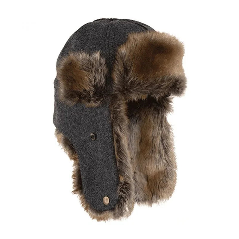 Stormy Kromer The Northwoods Trapper Hat in charcoal with a white background