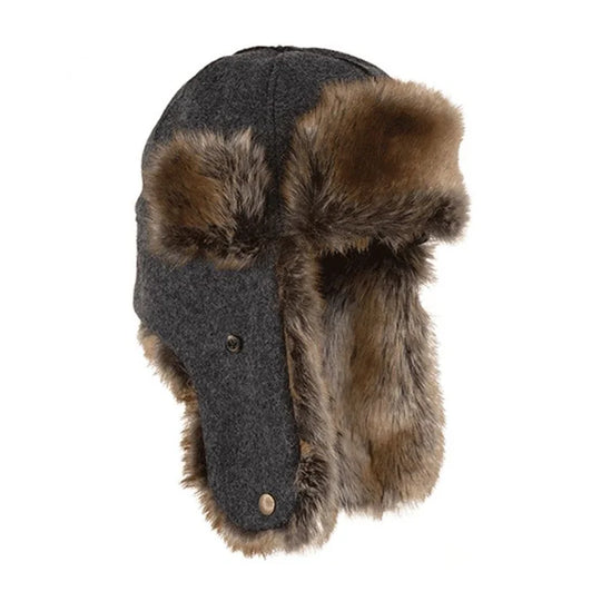 Stormy Kromer The Northwoods Trapper Hat in charcoal with a white background