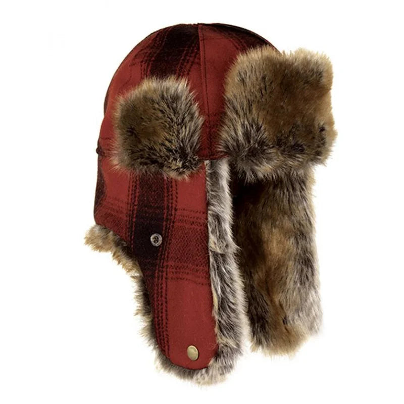 Stormy Kromer The Northwoods Trapper Hat in red and black with a white background
