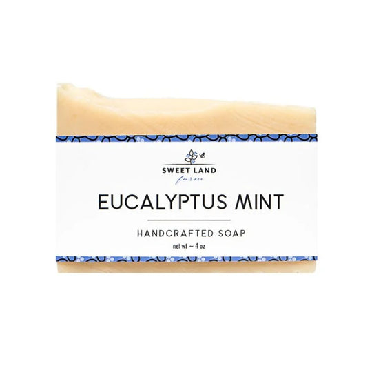Sweet Land Farm Handcrafted Soap in eucalyptus mint with a white background