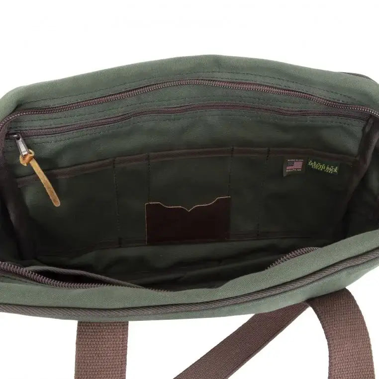Safari Briefcase In Olive Drab Green Open On A White Background