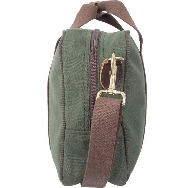 Safari Briefcase In Olive Drab Green As Seen From The Side On A White Background