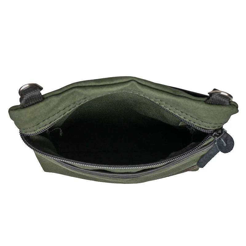 Signature Crossbody Purse in olive drab rugged canvas with open zippered compartment, showcasing durable handmade craftsmanship for outdoor use by Duluth Pack.