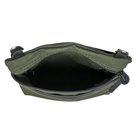 Signature Crossbody Purse in olive drab rugged canvas with open zippered compartment, showcasing durable handmade craftsmanship for outdoor use by Duluth Pack.