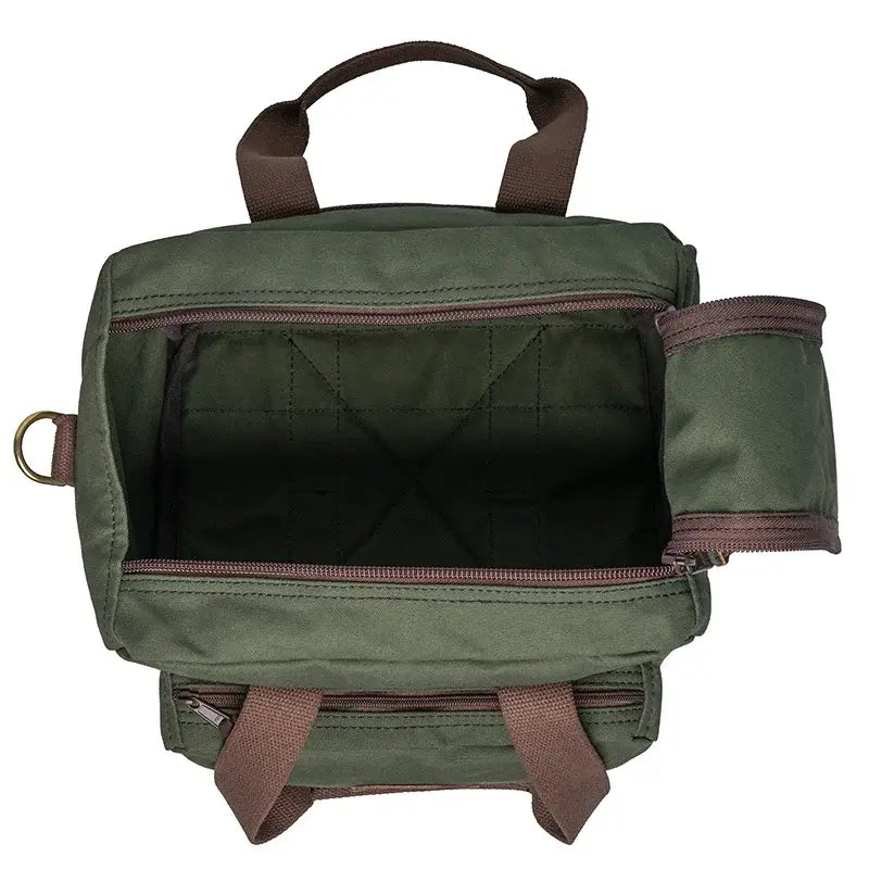 Range Bag In Olive Drab Green Canvas Open As Seen From Above On A White Background Showing The Double Zipper Wide Open Feature