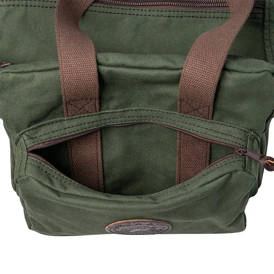 Range Bag In Olive Drab Green Canvas Zoomed In To An Open Front Pocket As Seen From Above On A White Background