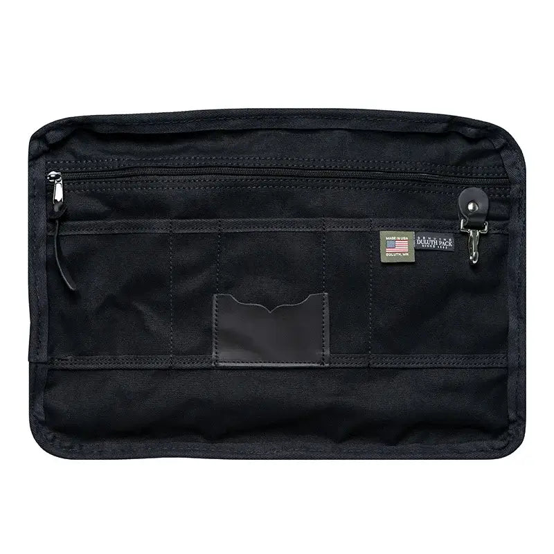 Superior Series Leather Entrepreneur Briefcase Interior Showing Slip Pockets, Zipper Pockets, Key Clip, Tags  On A White Background